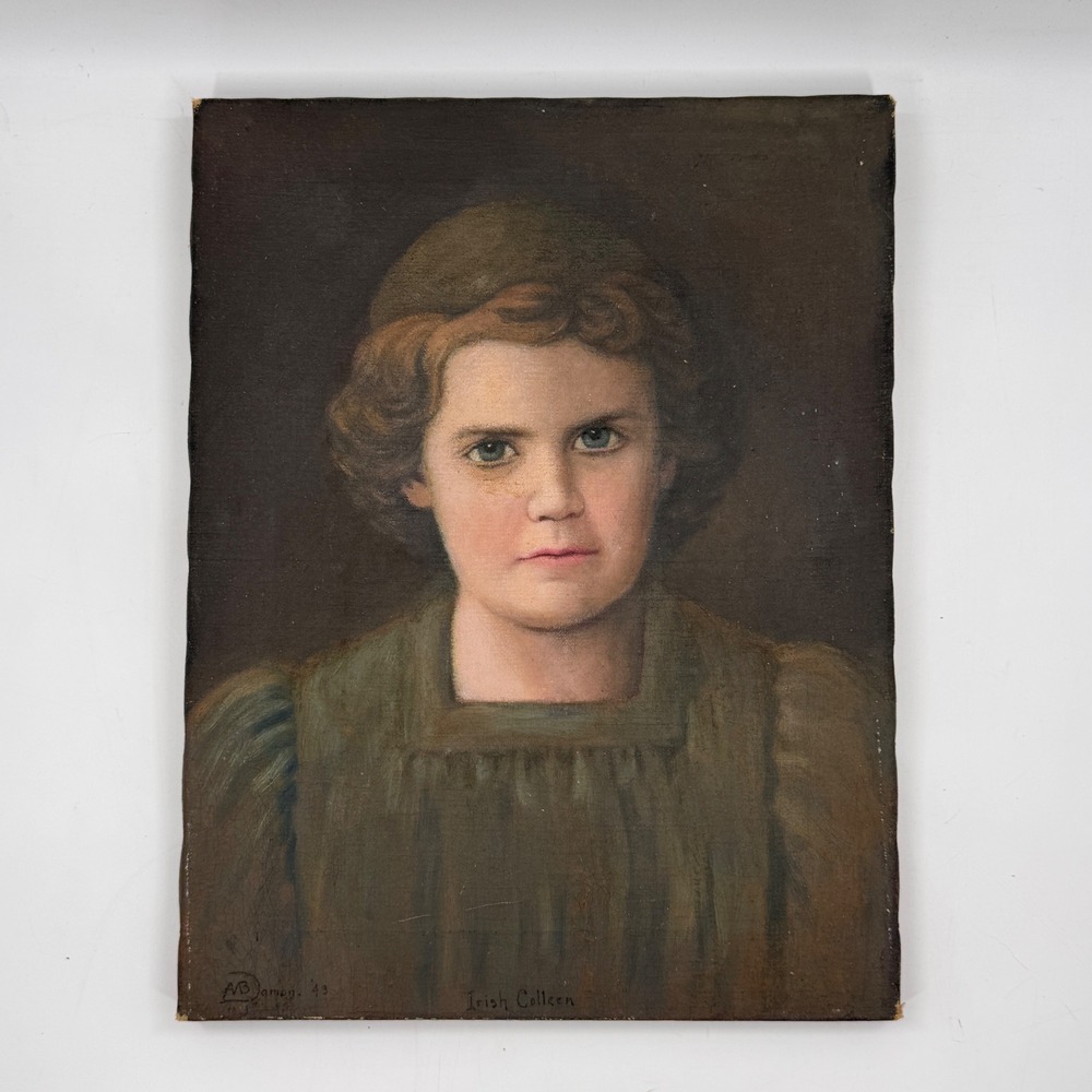 1943 Vintage Oil Portrait "Irish Colleen" Signed A.B. Damon WWII Era